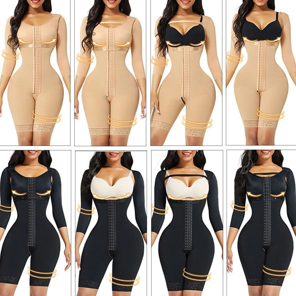 Bosseli Shapewear Lace Trim Hourglass Post-surgical Body Shaper With Sleeves Good Elastic.