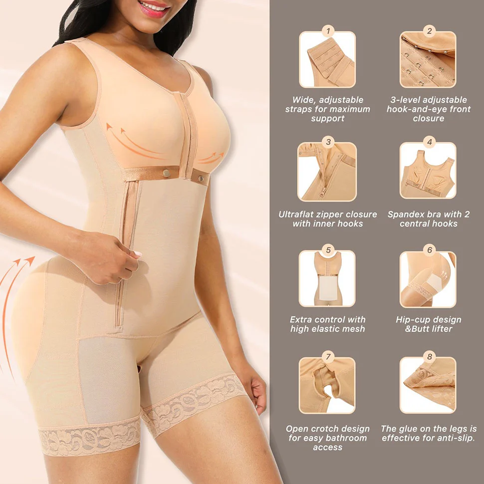 BOSSELI SHAPEWEWAR Deep Skin and Black Color Full Bodysuit Body Shaper Glue Zipper.