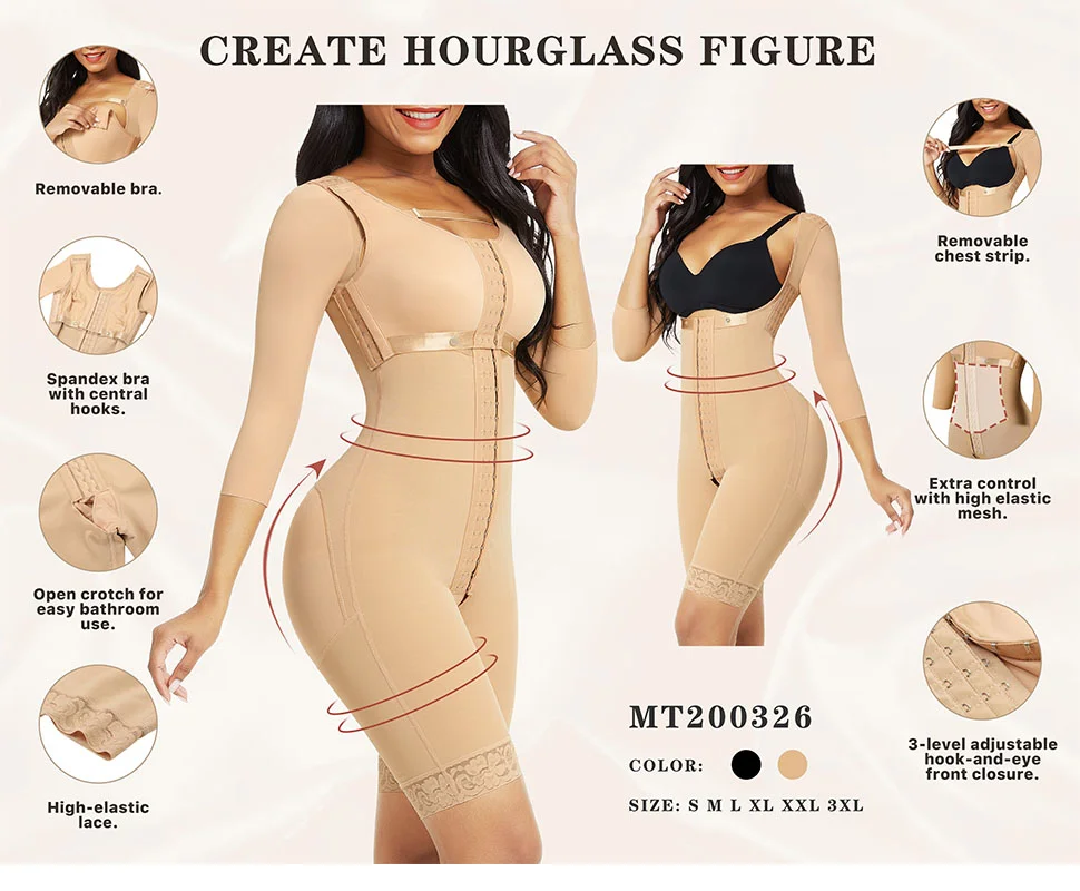 Bosseli Shapewear Lace Trim Hourglass Post-surgical Body Shaper With Sleeves Good Elastic.