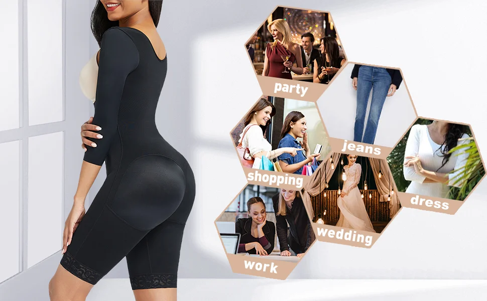 Bosseli Shapewear Lace Trim Hourglass Post-surgical Body Shaper With Sleeves Good Elastic.