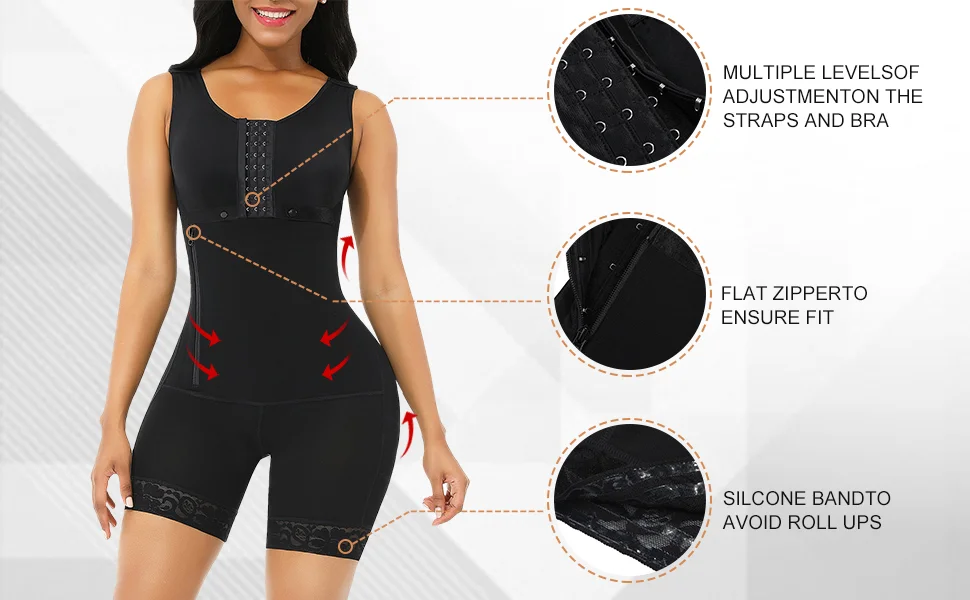 BOSSELI SHAPEWEWAR Deep Skin and Black Color Full Bodysuit Body Shaper Glue Zipper.