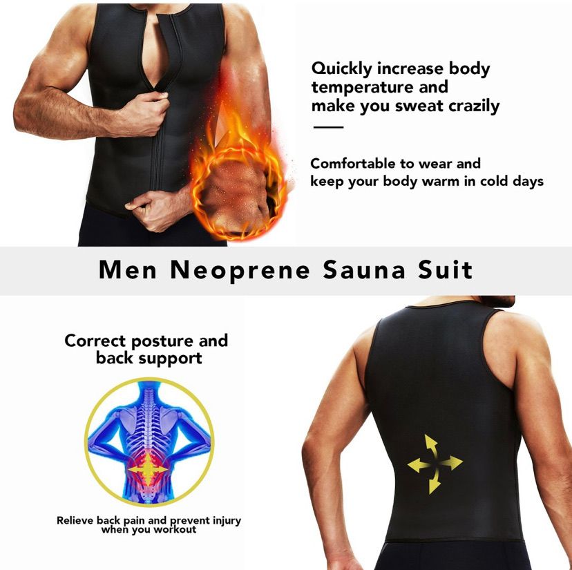 BOSSELI SHAPEWEAR Black Suit for Men Waist Trainer Vest Workout Gym Sauna Suit Zipper Tank Top.