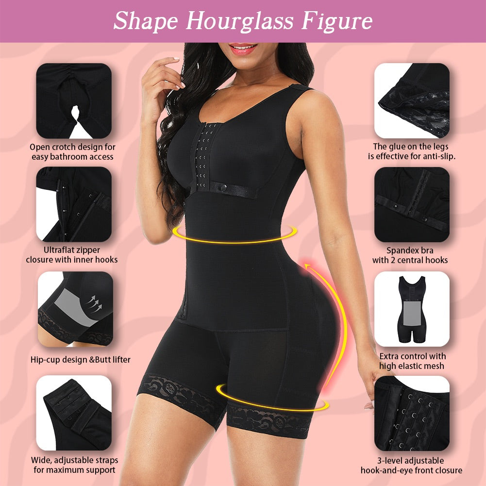 BOSSELI SHAPEWEWAR Deep Skin and Black Color Full Bodysuit Body Shaper Glue Zipper.