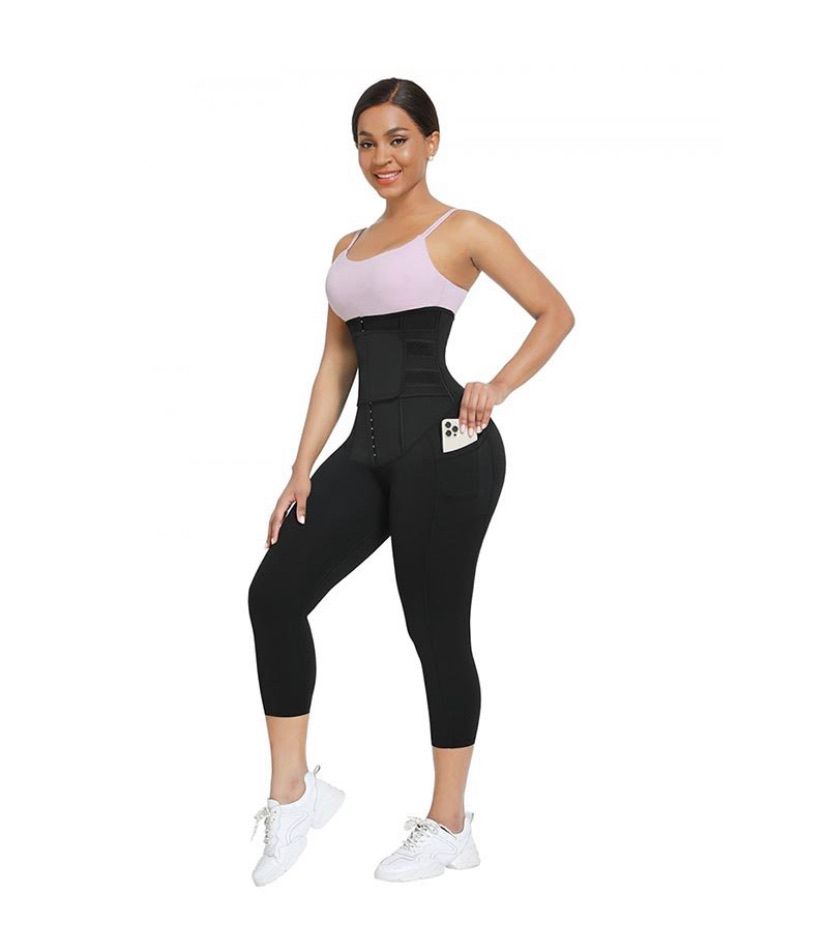 BOSSELI SHAPEWEAR 2 In 1 PU Coated Lining Single Waistband Neoprene Waist Trainer Leggings.