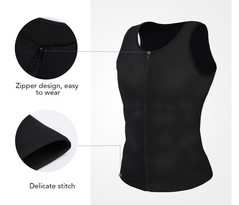 BOSSELI SHAPEWEAR Black Suit for Men Waist Trainer Vest Workout Gym Sauna Suit Zipper Tank Top.