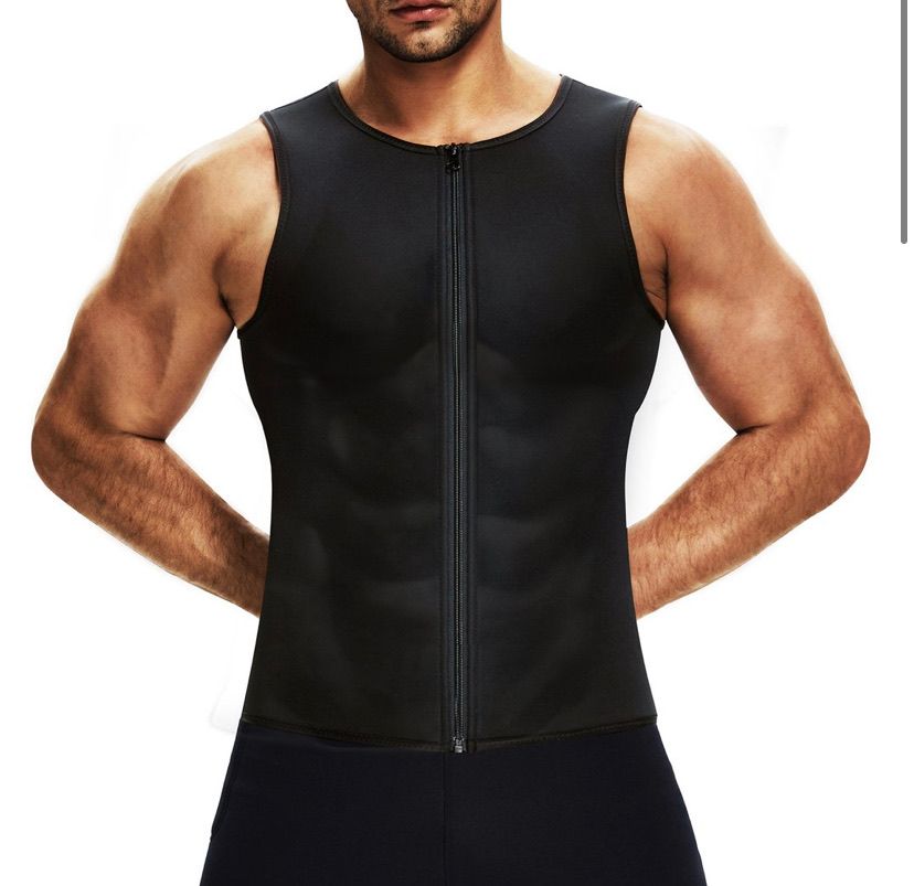 BOSSELI SHAPEWEAR Black Suit for Men Waist Trainer Vest Workout Gym Sauna Suit Zipper Tank Top.