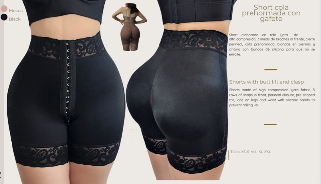 100% Colombiano Short cola prehormada  con gafete./ 100% Colombian Pre-shaped tail shorts with hook and eye closure