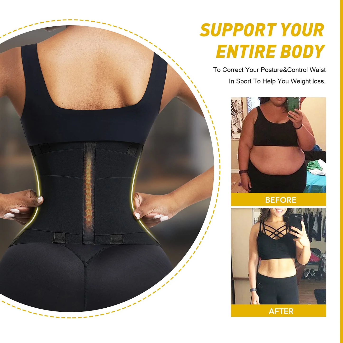 BOSSELI SHAPEWEAR Black Latex Waist Trainer 5 Plastic Bones Sticker Waist Trimmer Band.