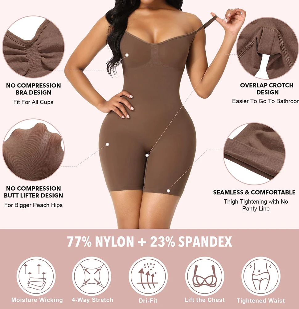 BOSSELI SHAPEWEAR Coffee Color Adjustable Sling Low Back Bodysuit Seamless knitting.