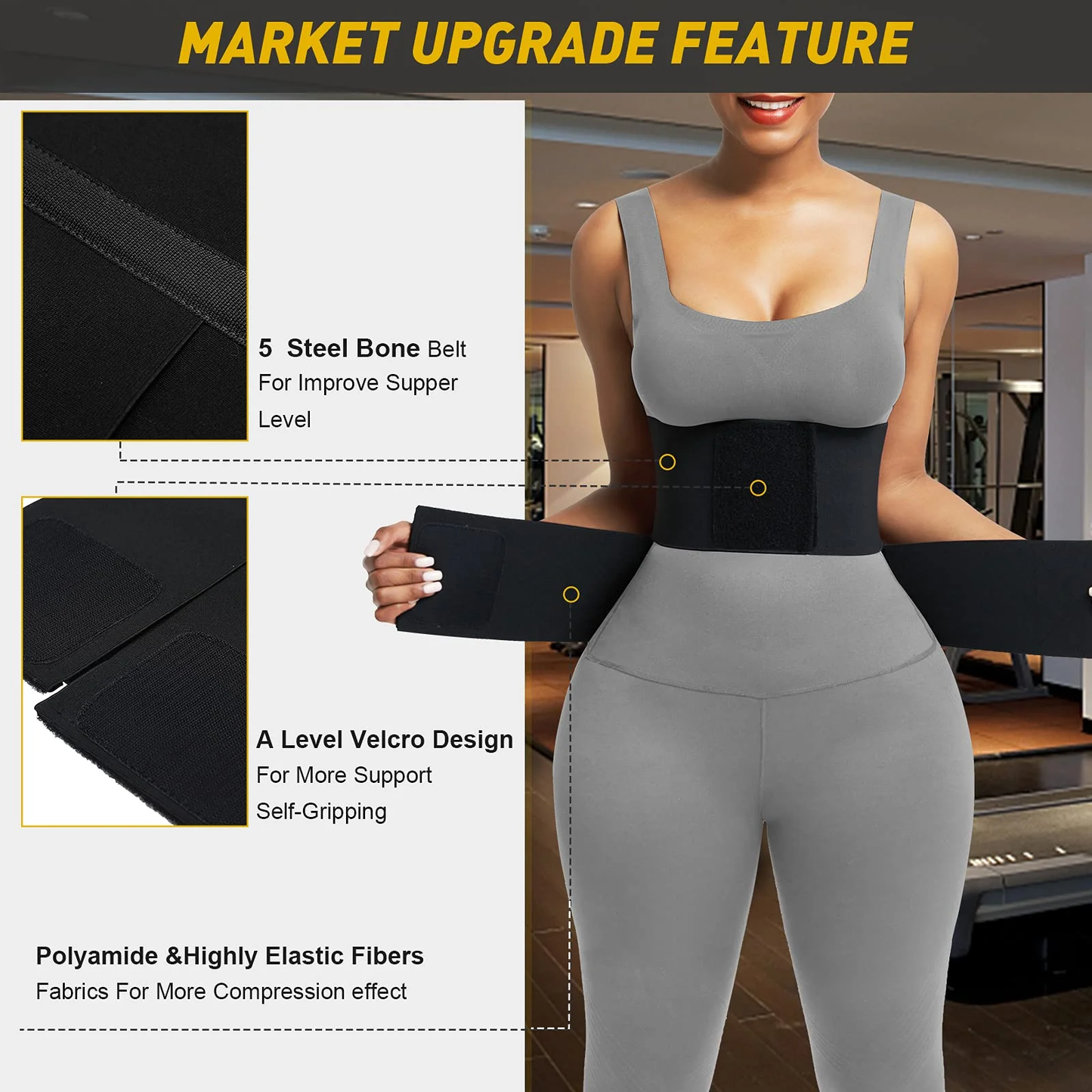 BOSSELI SHAPEWEAR Black Latex Waist Trainer 5 Plastic Bones Sticker Waist Trimmer Band.
