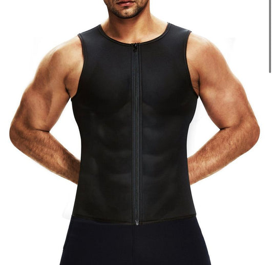 BOSSELI SHAPEWEAR Black Suit for Men Waist Trainer Vest Workout Gym Sauna Suit Zipper Tank Top.